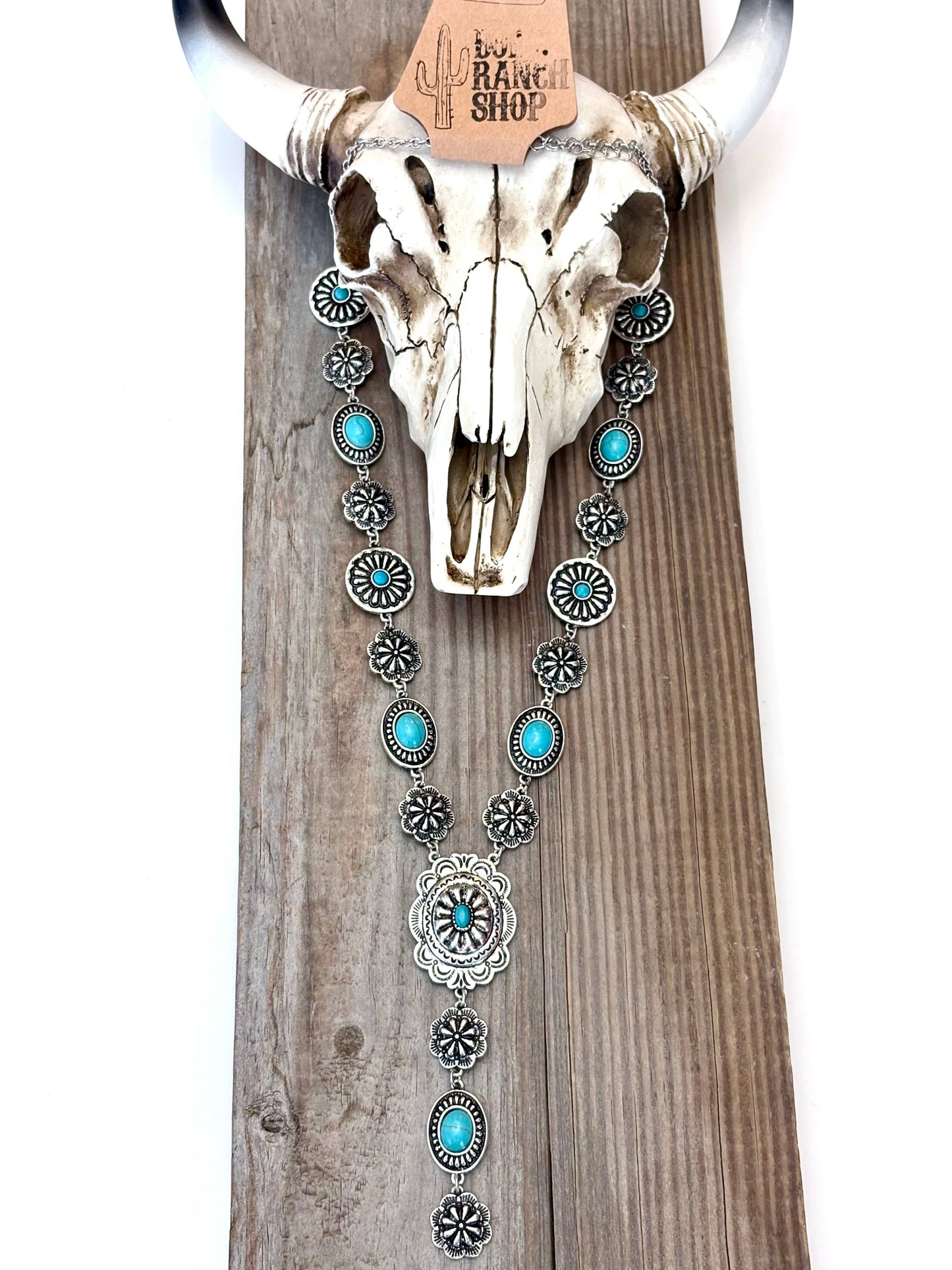 Turquoise Stone Western Flower Concho Y Drop Necklace 22 Inch Brushed Silver