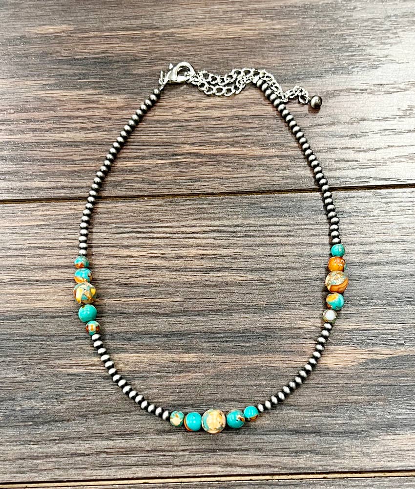 Handmade Navajo Clustered NaturalGemstone Faux Silver Pearl Necklace