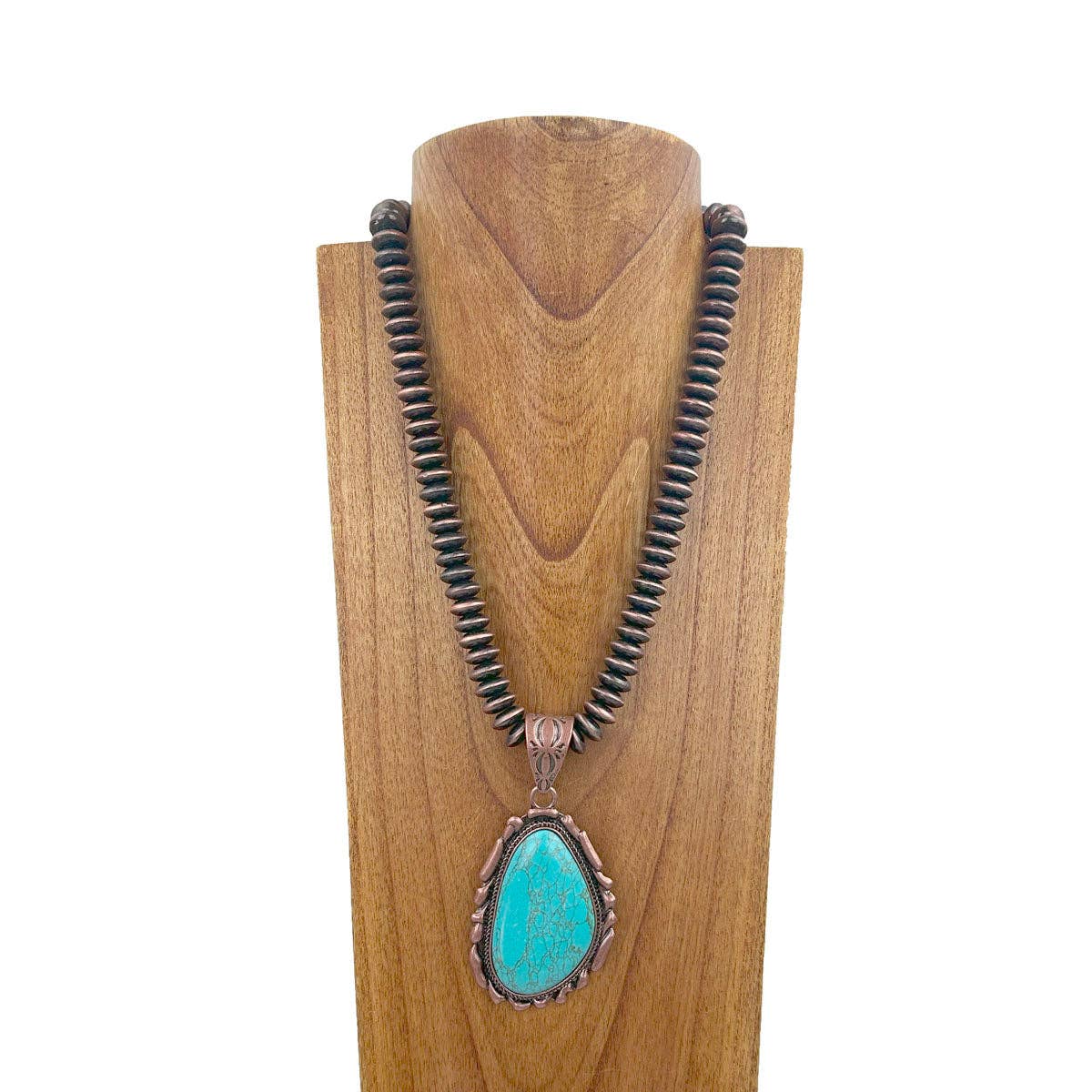 Copper Navajo Pearl Necklace With Blue Turquoise Teardrop Pendant 21 Inches