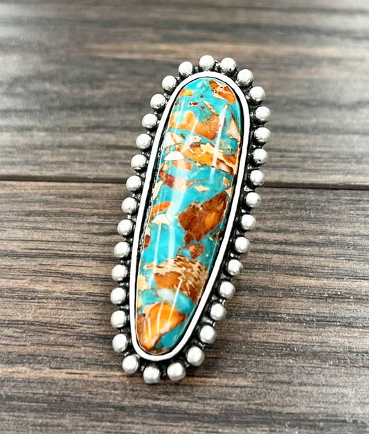 Southwestern Gemstone Adjustable Statement Cuff Ring with Brass Dual Band