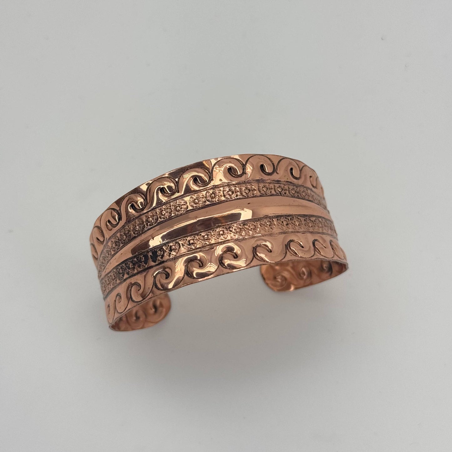 Ocean Wave Copper Cuff With Scrollwork Handcrafted Jewelry