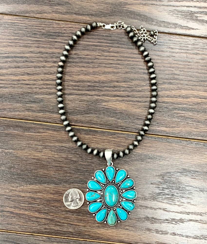 Handmade Navajo Natural Turquoise Faux Silver Pearls Necklace With Pendant