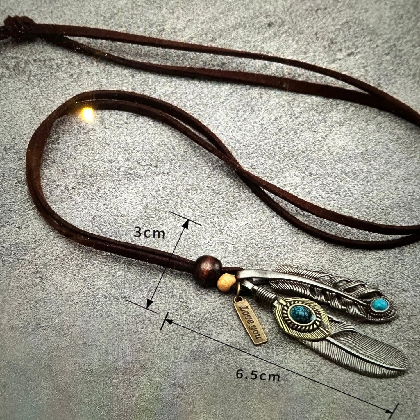 Boho Native American Feather Necklace, Boho Brown Leather Cord Turquoise, Gift Box