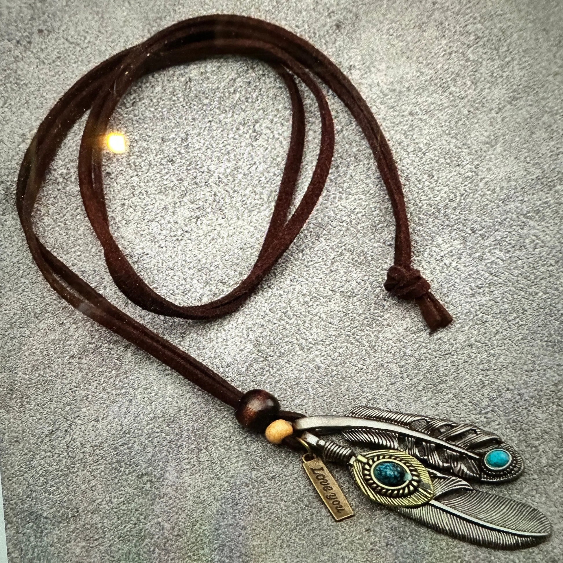 Boho Native American Feather Necklace, Boho Brown Leather Cord Turquoise, Gift Box