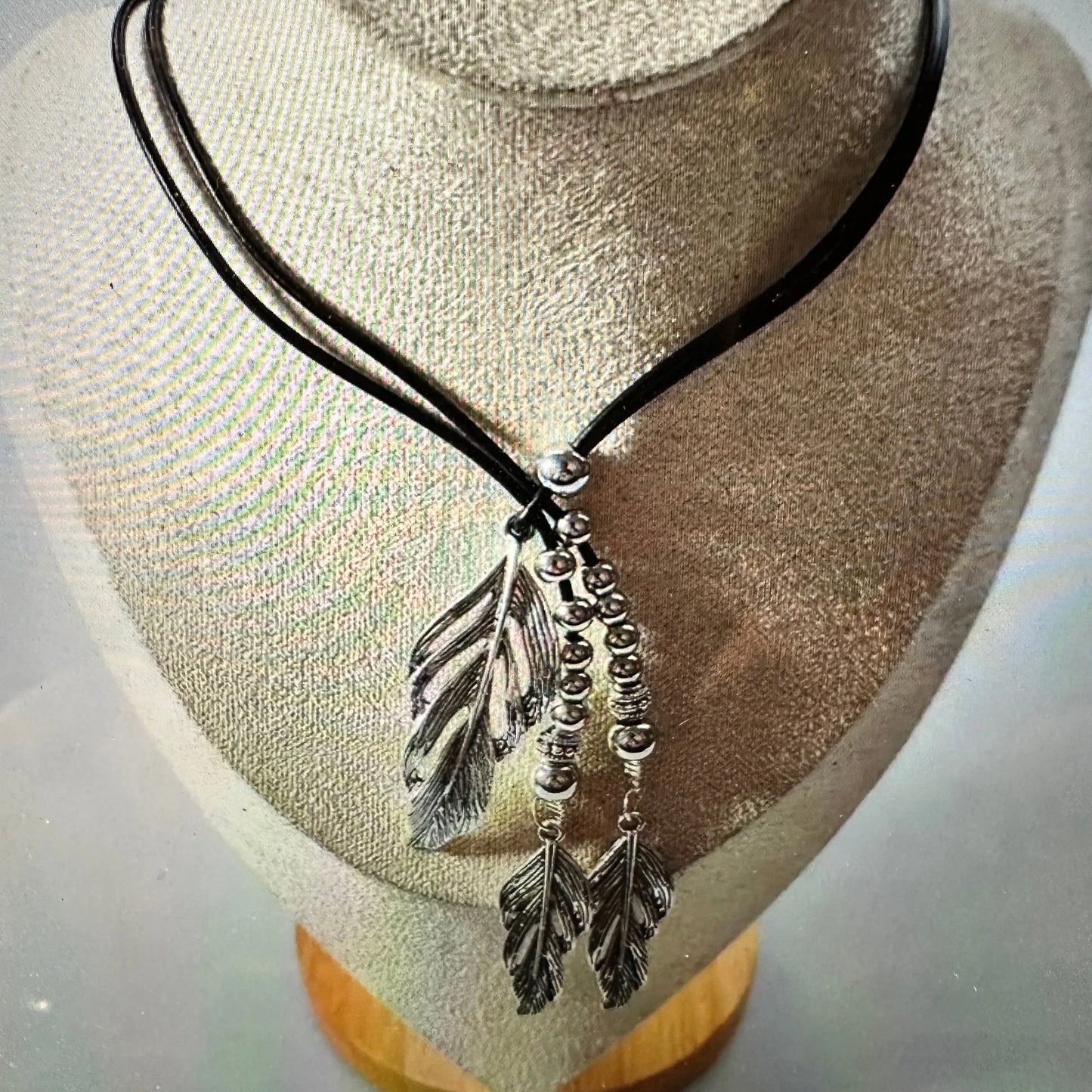 Handmade Boho Cowgirl Black Leather Cord Alloy Double Leaves Necklace, Gift Box