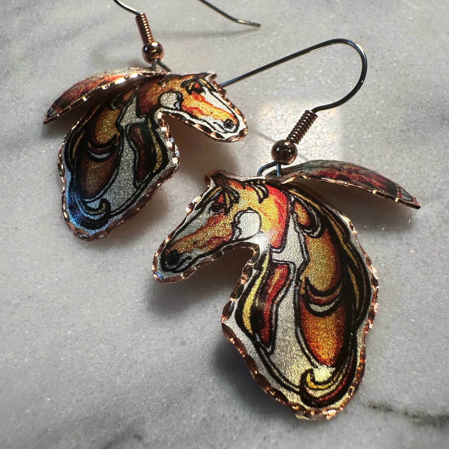 Handmade Boho Copper Feather Estuarian Horse Wire Drop Earrings, Gift Box