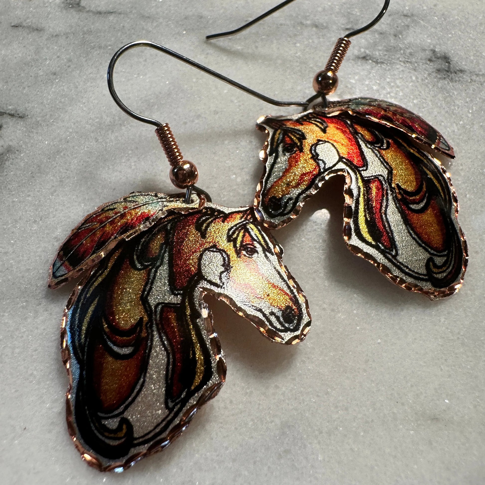 Handmade Boho Copper Feather Estuarian Horse Wire Drop Earrings, Gift Box