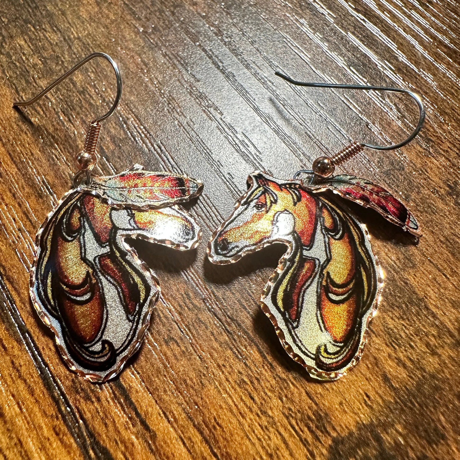 Handmade Boho Copper Feather Estuarian Horse Wire Drop Earrings, Gift Box