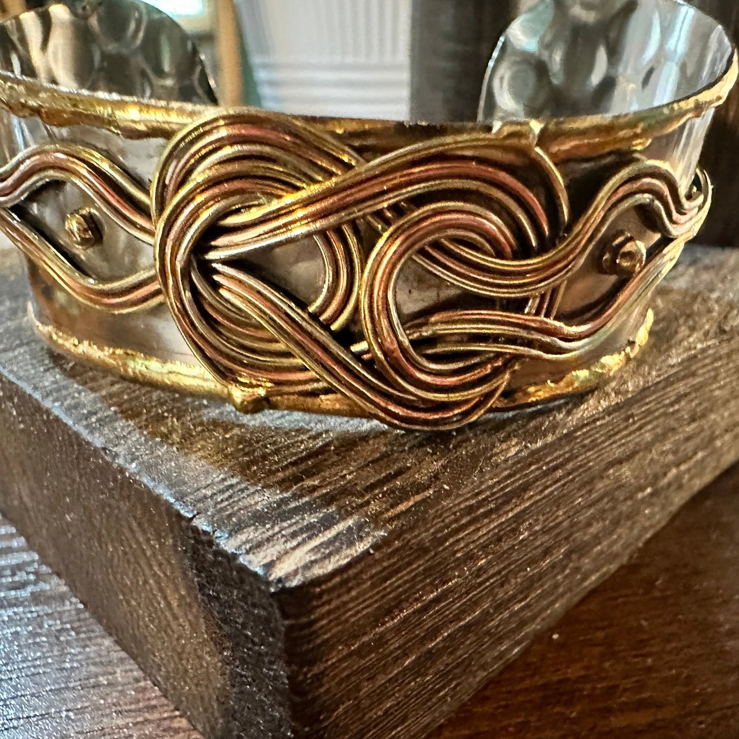 Handcrafted Boho Western Copper Floral Scroll Lace Wide Cuff Bracelet, Gift Box