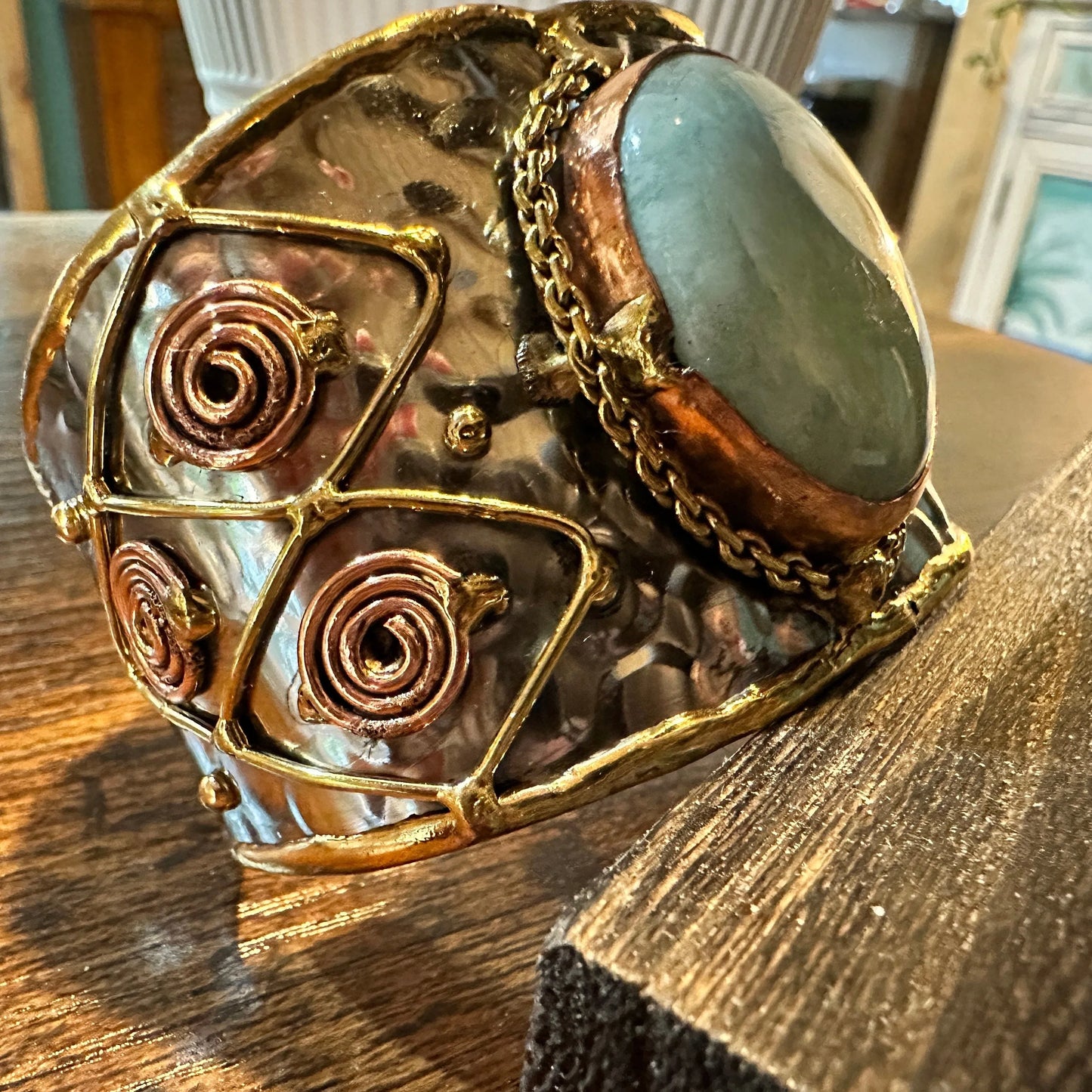 Handmade Boho Western Pounded Copper Green Agate Stone Wide Cuff Bracelet, Gift BoxHandmade Boho Western Pounded Copper Green Agate Stone Wide Cuff Bracelet, Gift Box - Premium boho bracelet from Silver Elegant - Just $32! Shop now at Silver Elegant