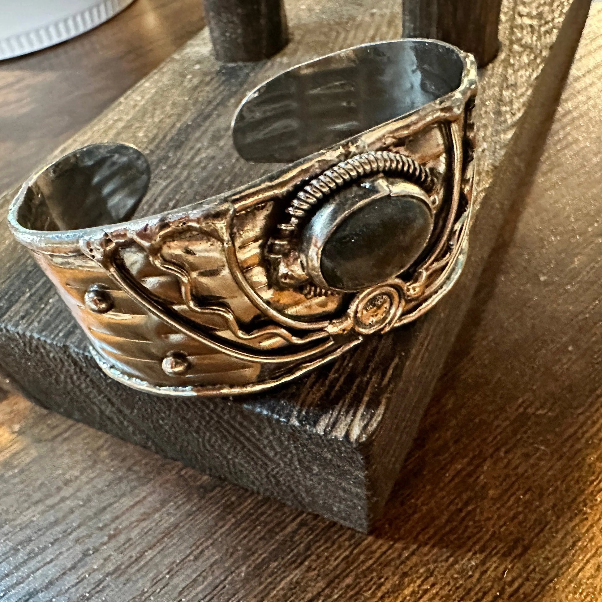 Handmade Boho Western Pounded Silver Black Onyx Stone Wide Cuff Bracelet, Gift BoxHandmade Boho Western Pounded Silver Black Onyx Stone Wide Cuff Bracelet, Gift Box - Premium boho bracelet from Silver Elegant - Just $29! Shop now at Silver Elegant