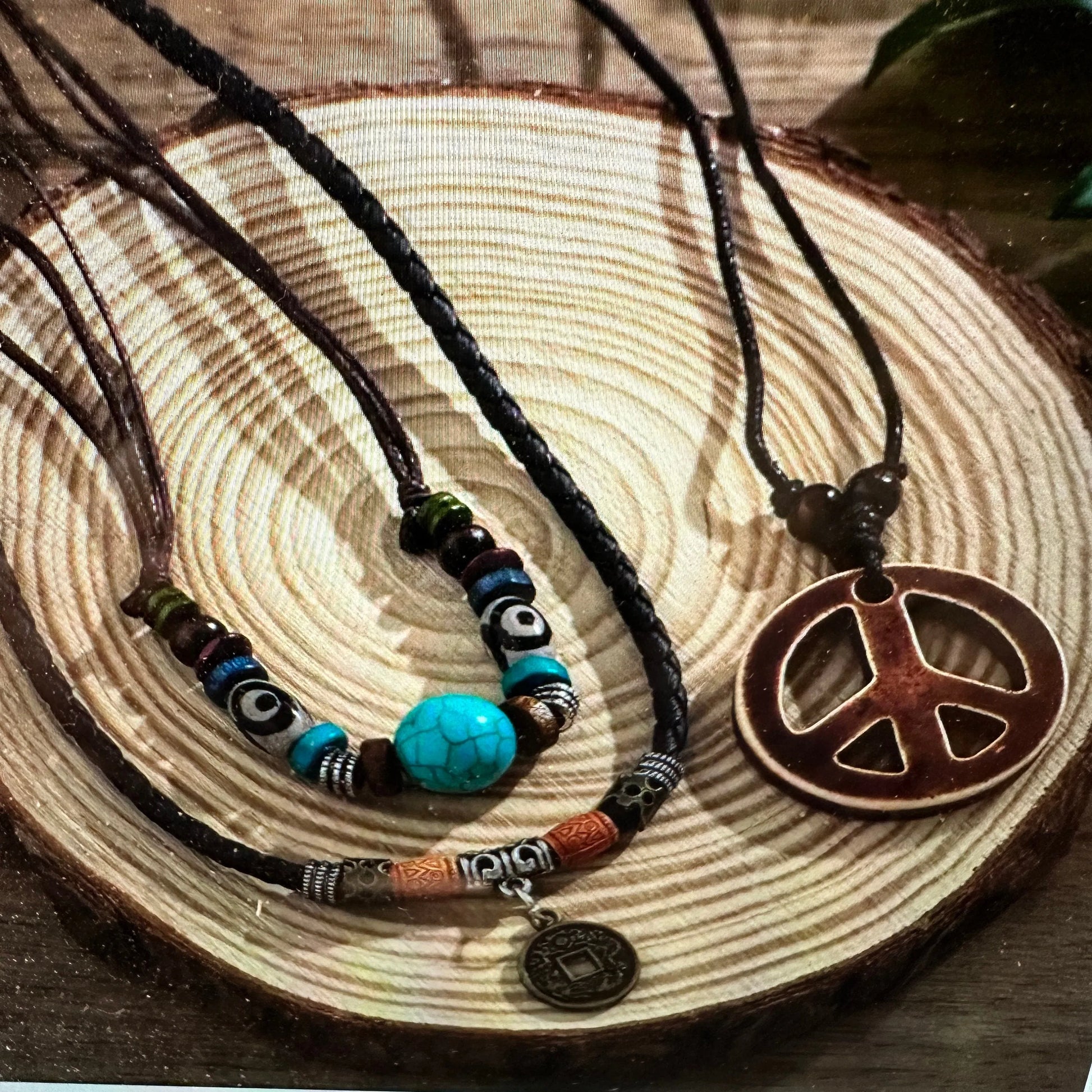 Handmade Boho Cowgirl Hippie Three Cord Peace Turquoise Stone Necklace Set, Gift Box