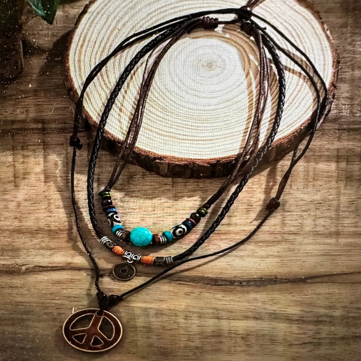 Handmade Boho Cowgirl Hippie Three Cord Peace Turquoise Stone Necklace Set, Gift Box