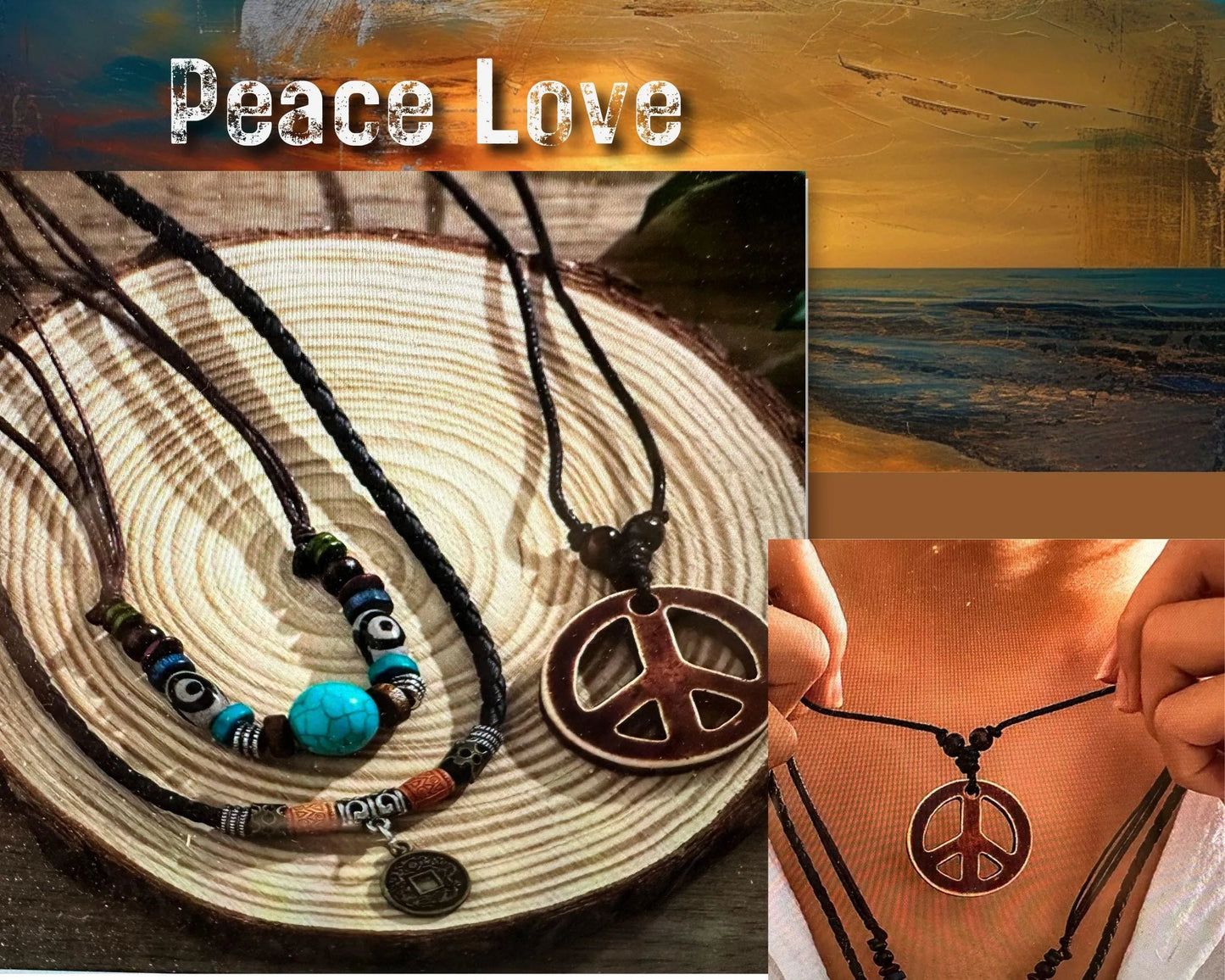 Handmade Boho Cowgirl Hippie Three Cord Peace Turquoise Stone Necklace Set, Gift Box