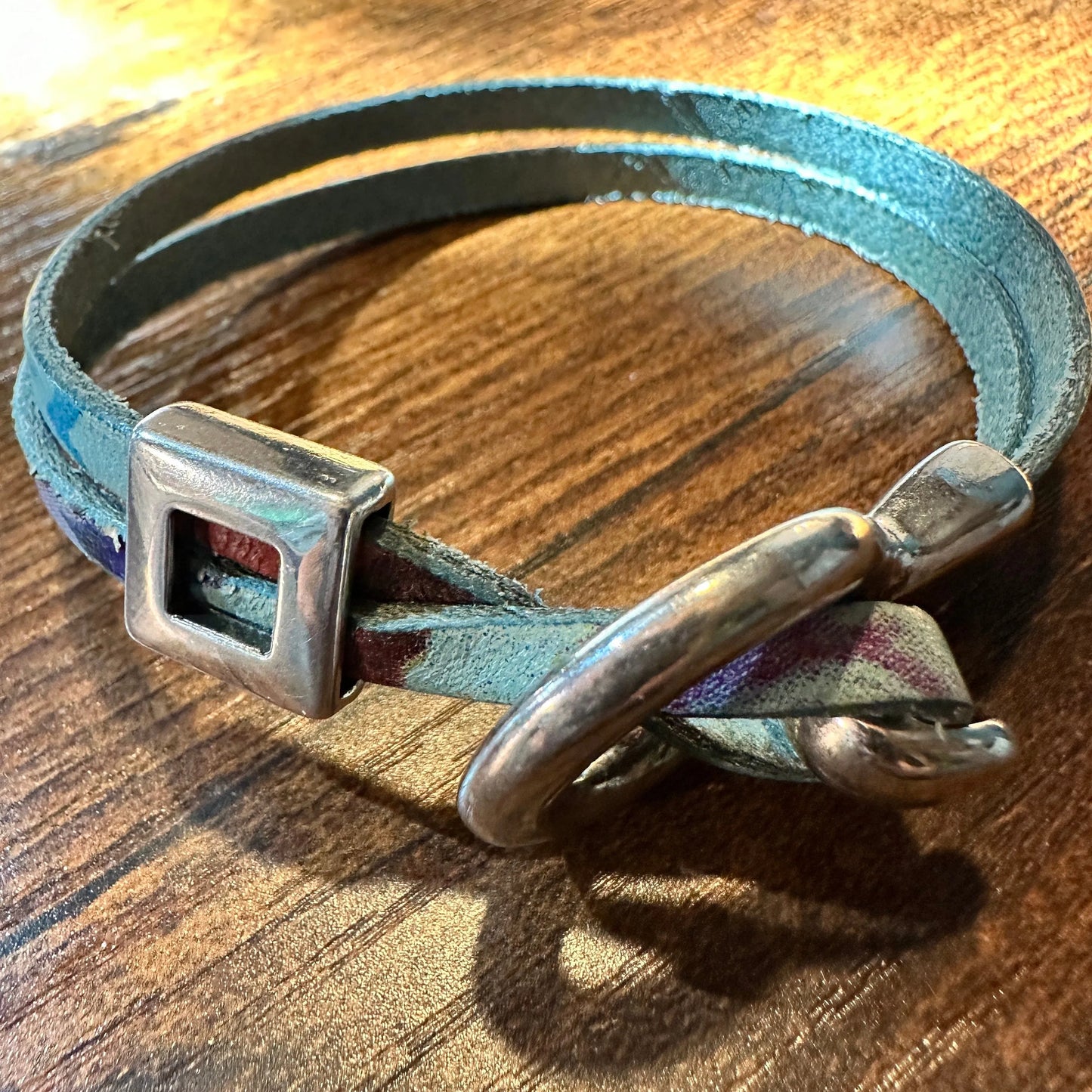 Leather Watercolor Teal Hippie Bracelet, Double Wrap,  Belt Buckle Silver Clasp, Teal Leather Bracelet, Handcrafted Bohemian Hippie Jewelry