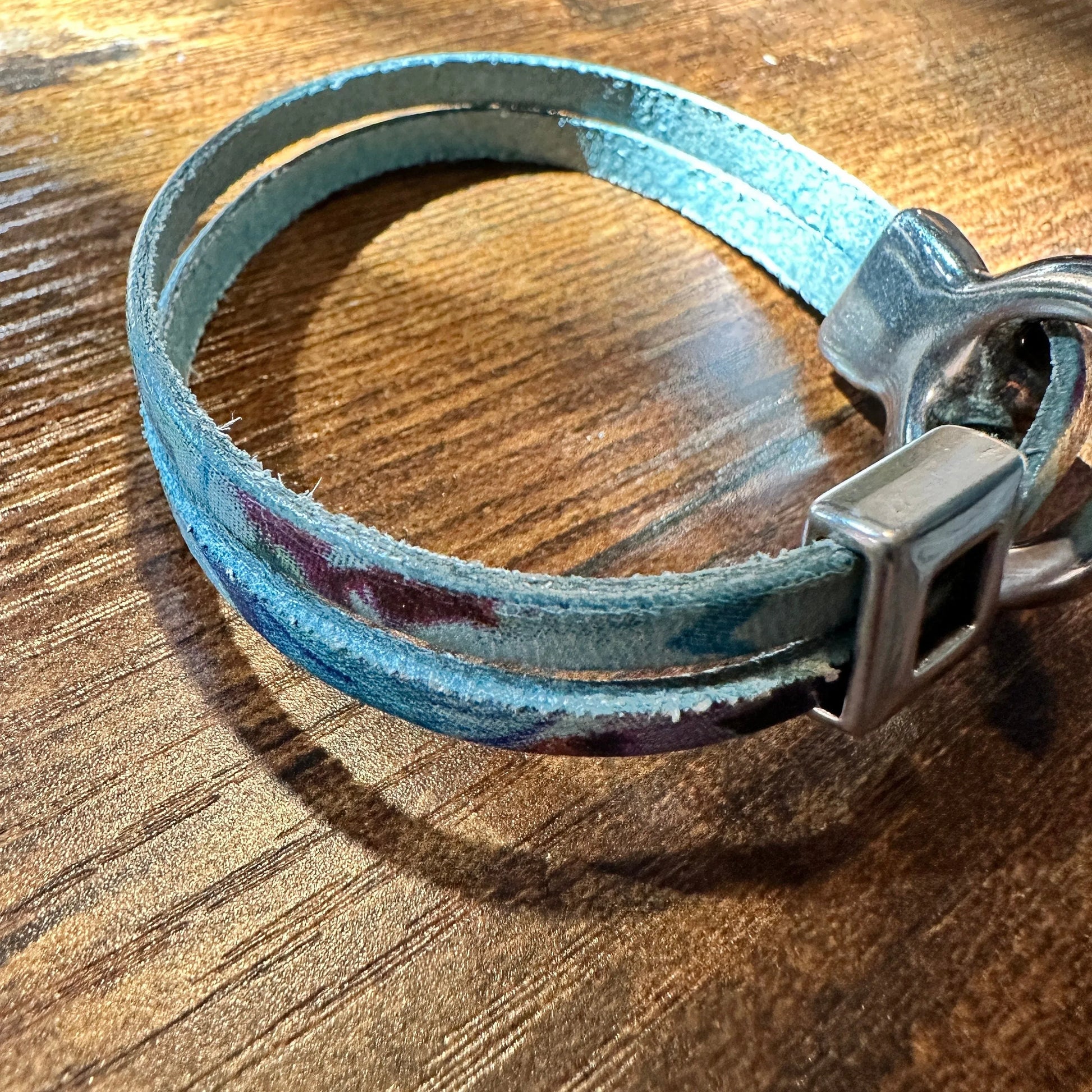 Leather Watercolor Teal Hippie Bracelet, Double Wrap,  Belt Buckle Silver Clasp, Teal Leather Bracelet, Handcrafted Bohemian Hippie Jewelry