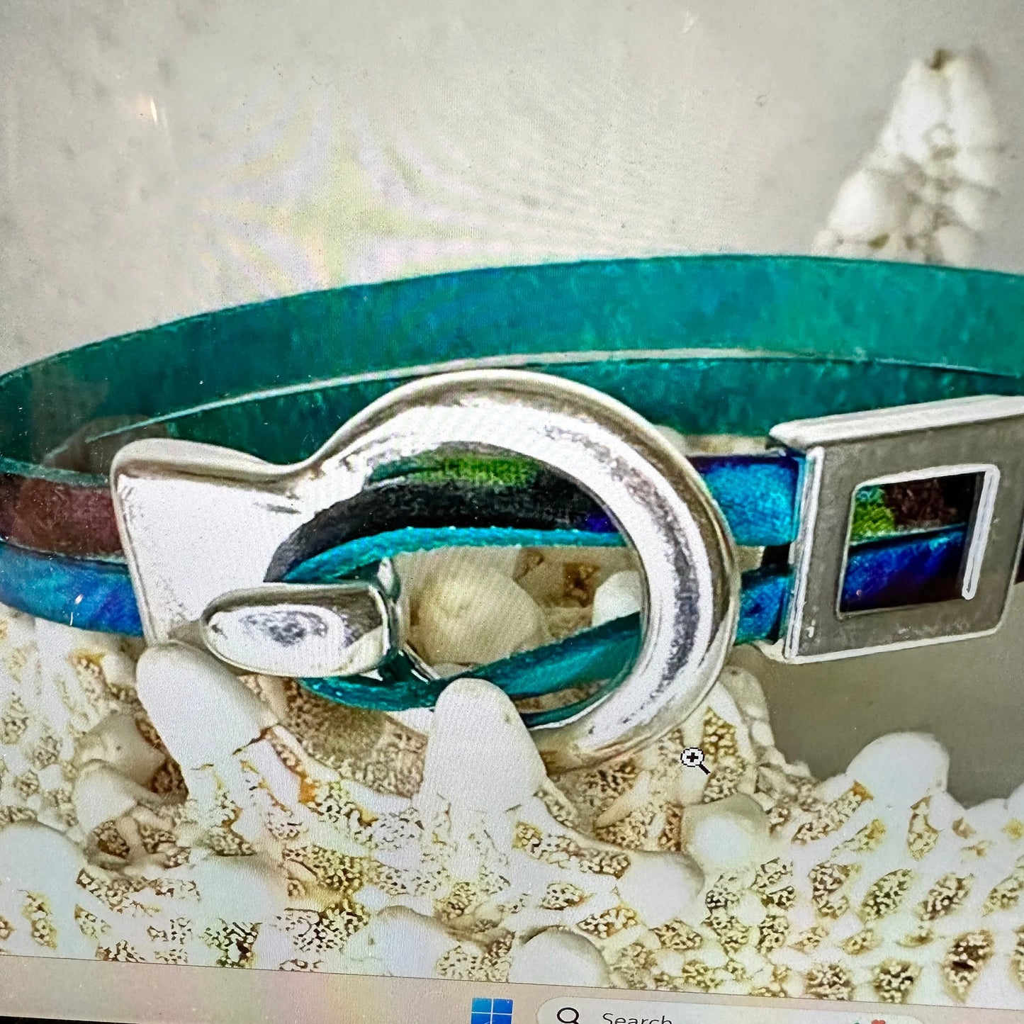 Leather Watercolor Teal Hippie Bracelet, Double Wrap,  Belt Buckle Silver Clasp, Teal Leather Bracelet, Handcrafted Bohemian Hippie Jewelry