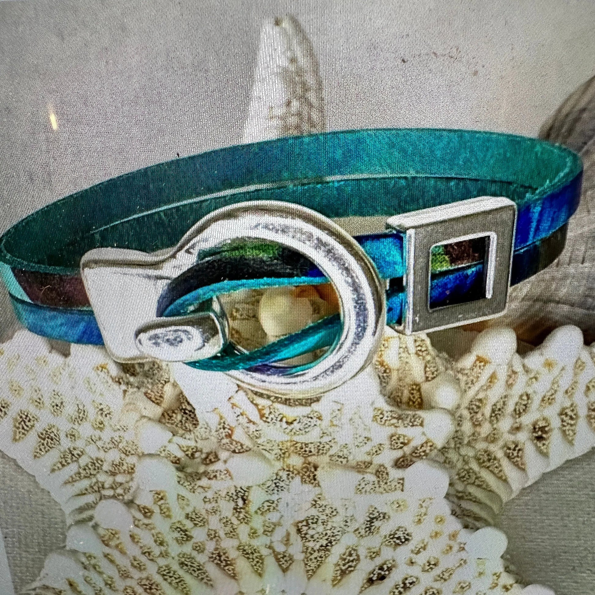 Leather Watercolor Teal Hippie Bracelet, Double Wrap,  Belt Buckle Silver Clasp, Teal Leather Bracelet, Handcrafted Bohemian Hippie Jewelry