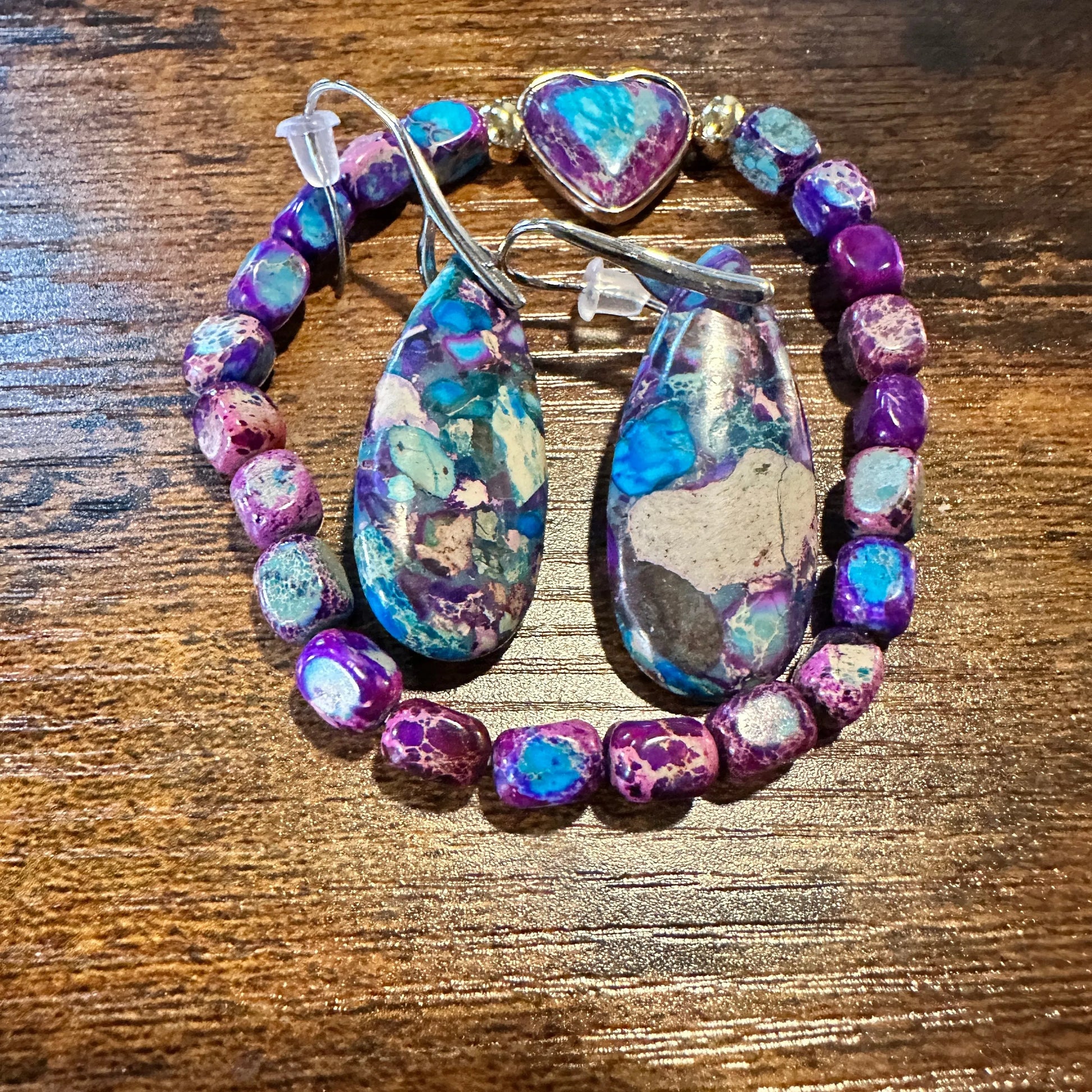 Boho Heart Bead Stretch Bracelet,  Purple Turquoise Stone Beads, Pendant Earrings, Gift box