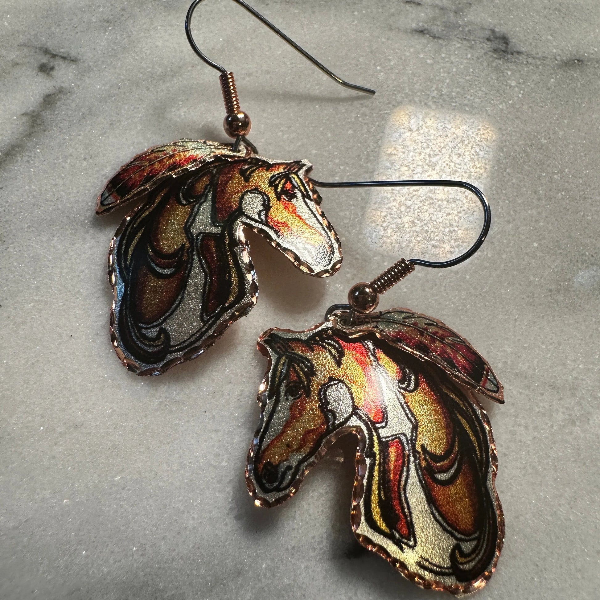 Handmade Boho Copper Feather Estuarian Horse Wire Drop Earrings, Gift Box