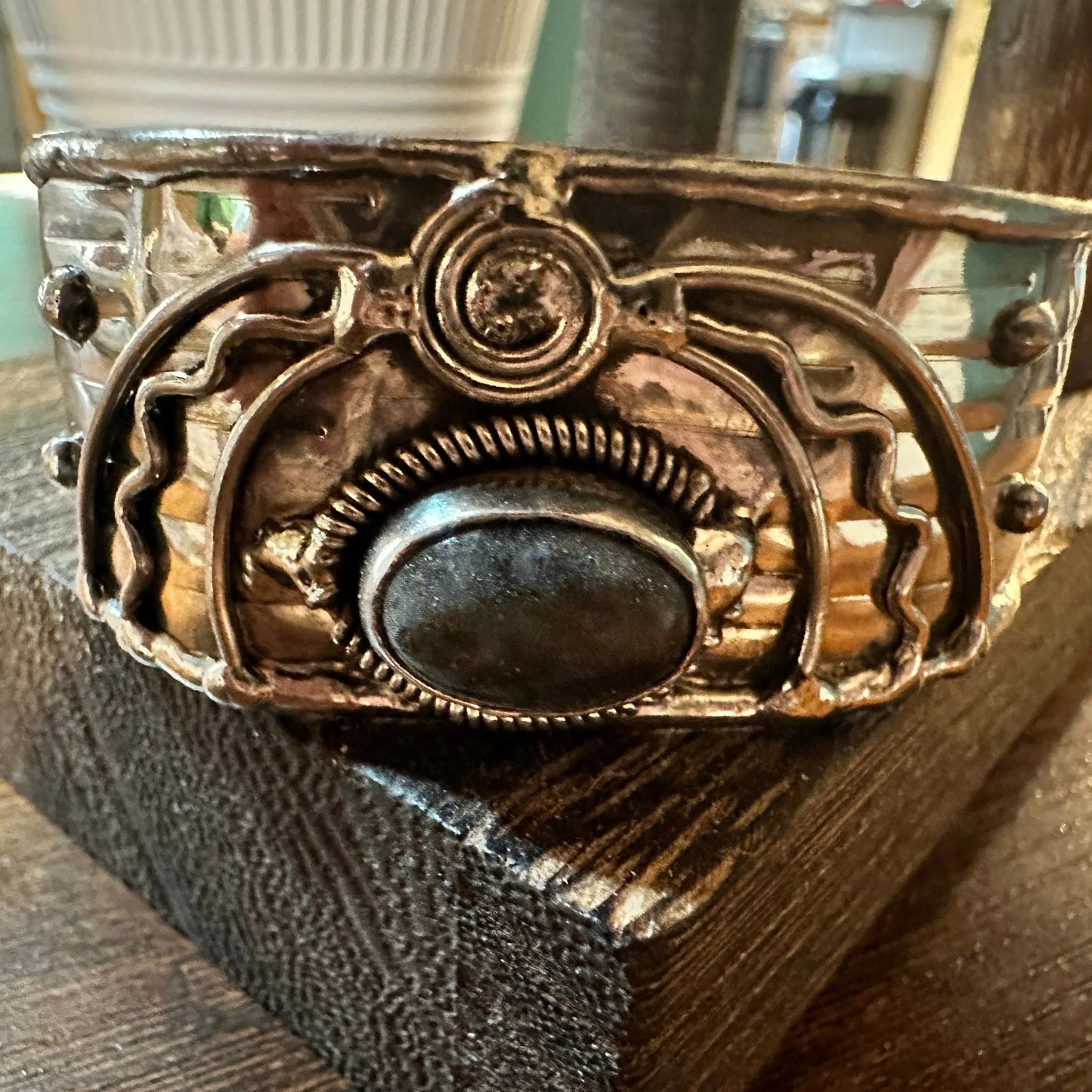 Handmade Boho Western Pounded Silver Black Onyx Stone Wide Cuff Bracelet, Gift BoxHandmade Boho Western Pounded Silver Black Onyx Stone Wide Cuff Bracelet, Gift Box - Premium boho bracelet from Silver Elegant - Just $29! Shop now at Silver Elegant