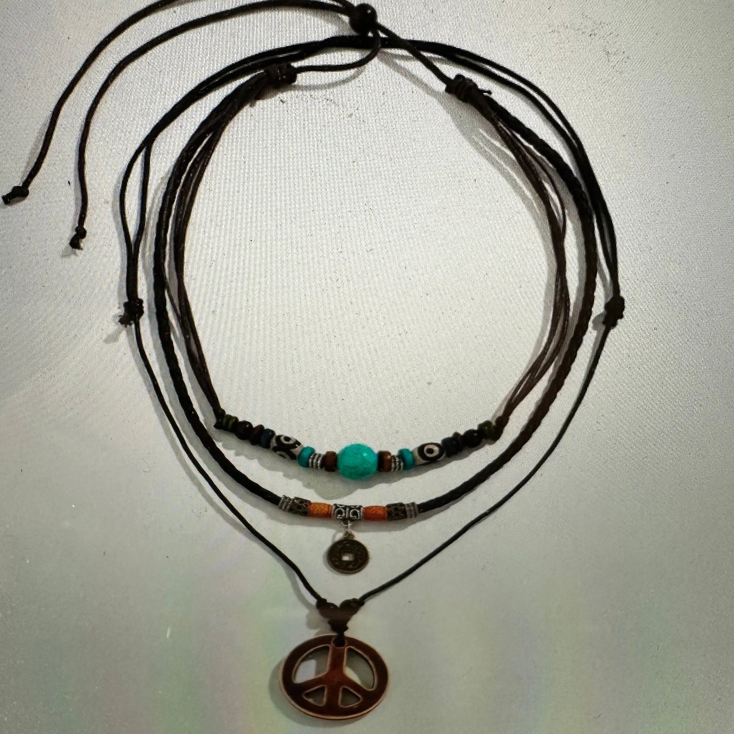 Handmade Boho Cowgirl Hippie Three Cord Peace Turquoise Stone Necklace Set, Gift Box