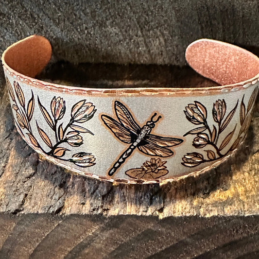 Handmade Boho Western Copper Dragonfly Floral Cuff Bracelets, Pick Your Style, Gift Box - Silver Elegant