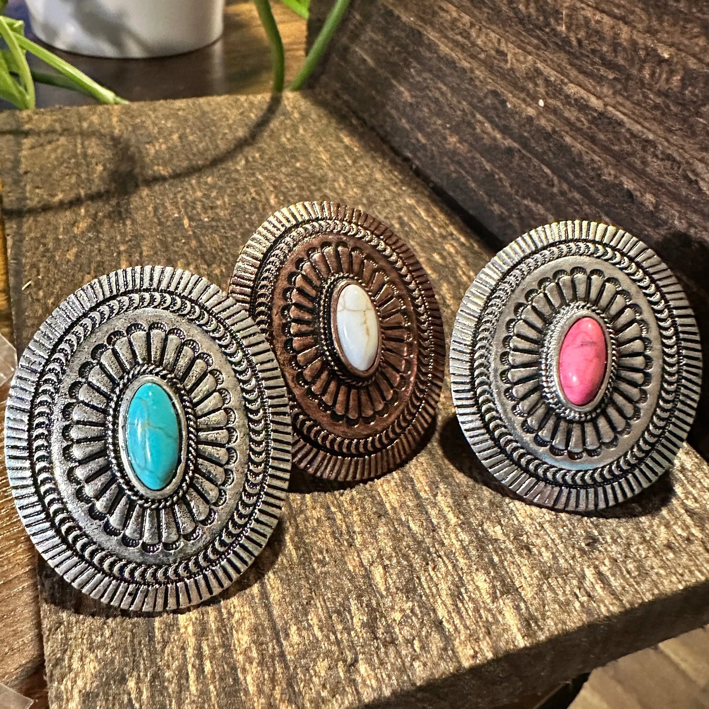 Statement Concho Cuff Ring, Oversized Western Concho Ring, Adjustable Ring, Boho Hippie Pink Stone, White Copper, Turquoise Stone, Gift BoxStatement Concho Cuff Ring, Oversized Western Concho Ring, Adjustable Ring, Boho Hippie Pink Stone, White Copper, Turquoise Stone, Gift Box - Premium cuff rings from Silver Elegant - Just $18! Shop now at Silver Elegant