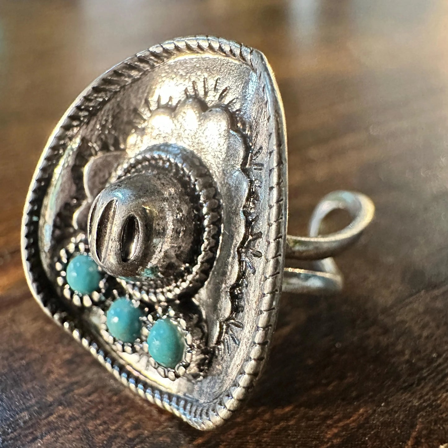 Statement Cowgirl Cuff Ring, Western Rodeo Ring, Adjustable Cowboy Hat Ring, Turquoise Boho Hippie Ring, Gift Box