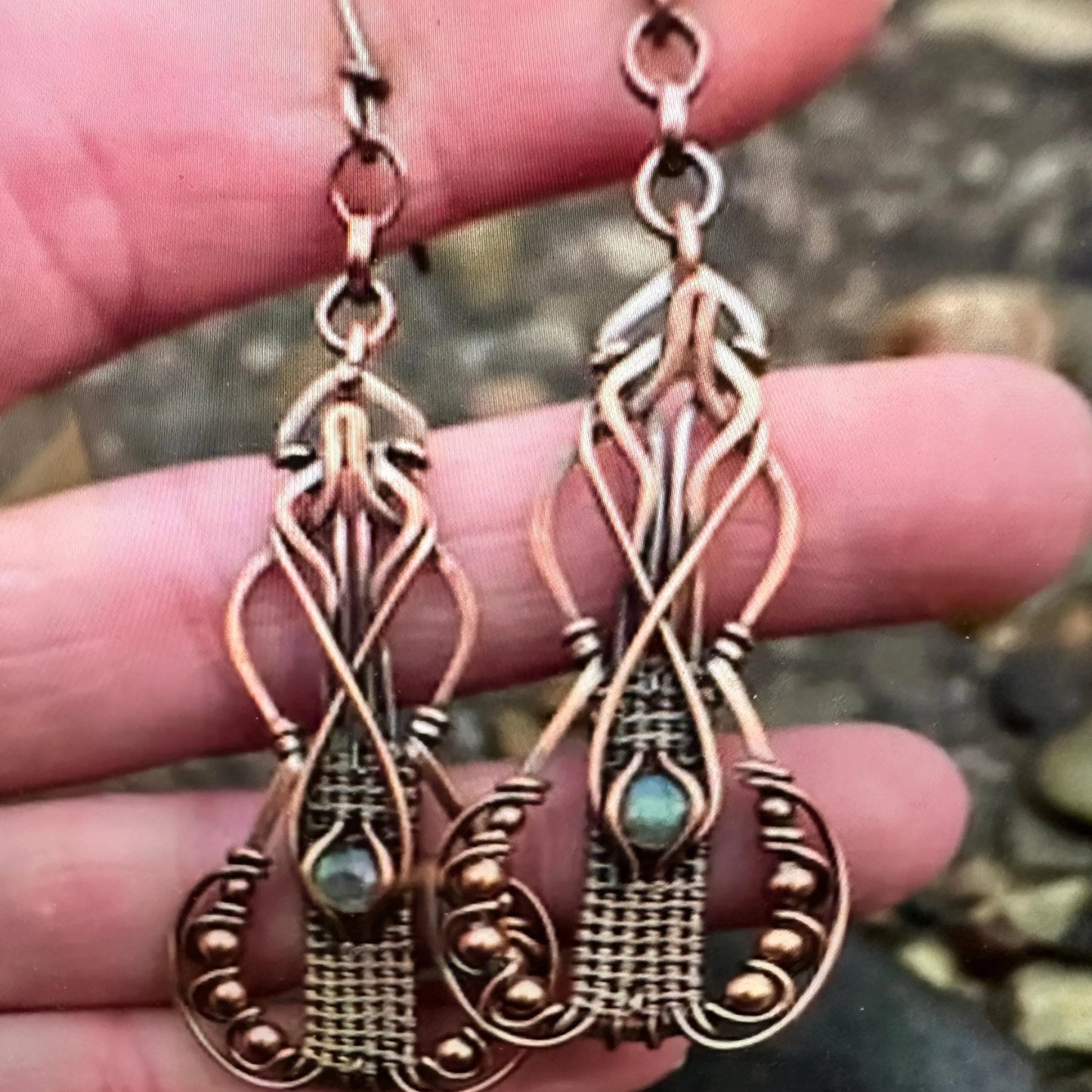 Handcrafted Bohemian Copper Wire-Wrapped Dangle Earrings,Labradorite Stone, Vintage-Inspired, Boho Chic Accessory, Gift Box