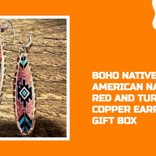 Boho Native American Navajo Red and Turquoise Copper Earrings, gift Box by@Outfy