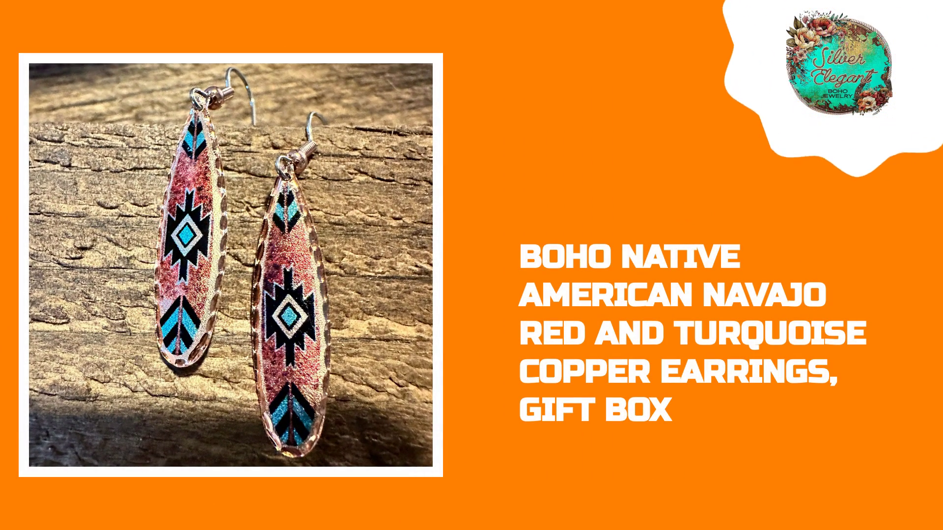 Boho Native American Navajo Red and Turquoise Copper Earrings, gift Box by@Outfy