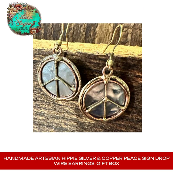 Handmade Artesian Hippie Silver &amp; Copper Peace Sign Drop Wire Earrings, Gift Box by@Outfy