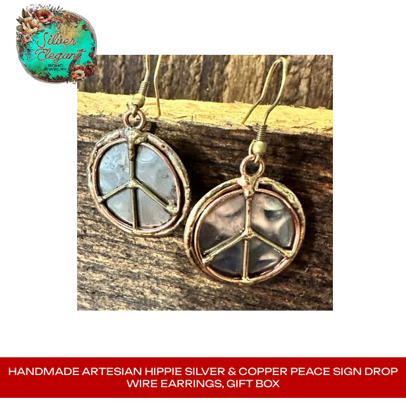 Handmade Artesian Hippie Silver &amp; Copper Peace Sign Drop Wire Earrings, Gift Box by@Outfy