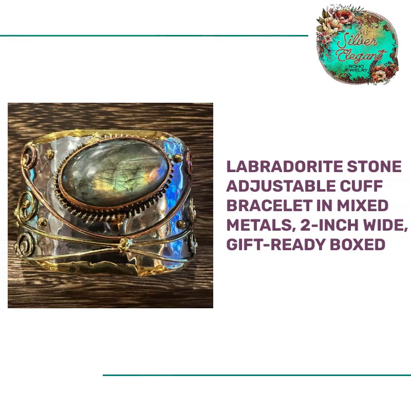 Labradorite Stone Adjustable Cuff Bracelet in Mixed Metals, 2-Inch Wide, Gift-Ready Boxed by@Outfy